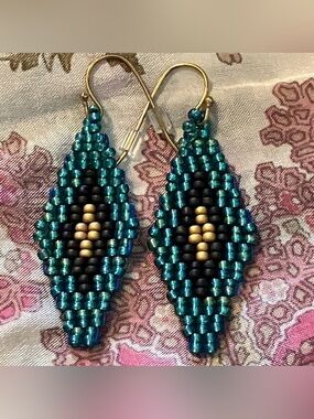 Handmade Miyuki Beaded Geometric Rhombus Drop Boho Earring Turquoise Black Gold